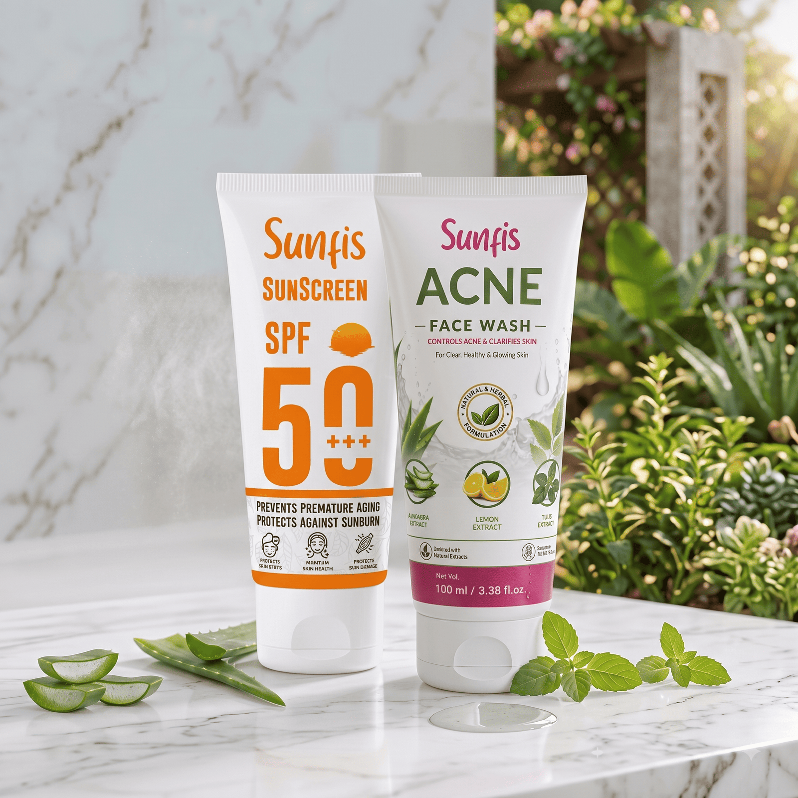 SUNFIS Acne Harbal Face Wash & SPF50++++ SunScreen Cream Combo