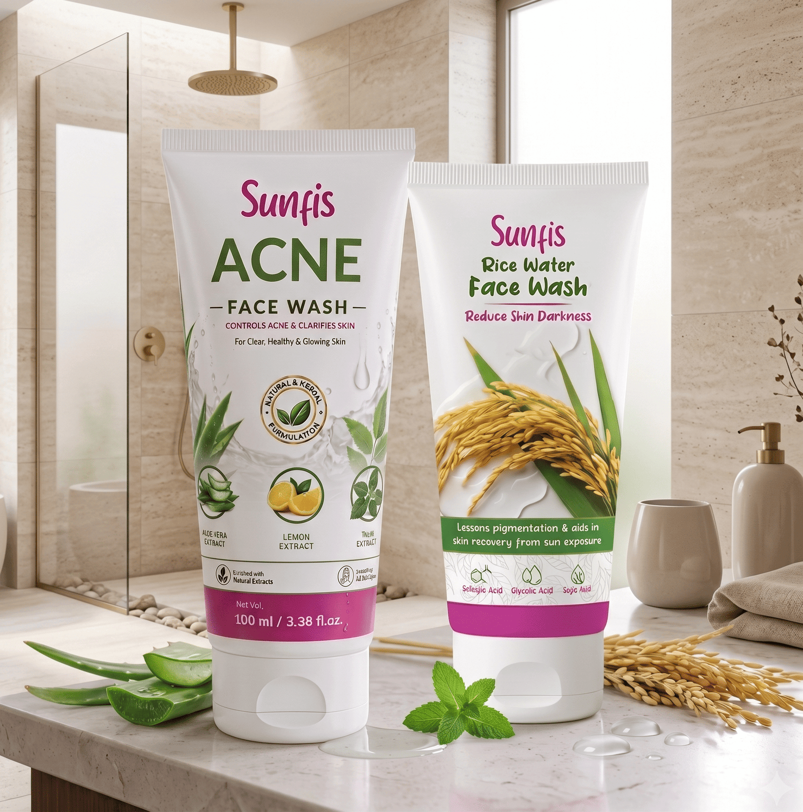 SUNFIS Rice Water Face Wash & Acne Harbal Facewash Combo
