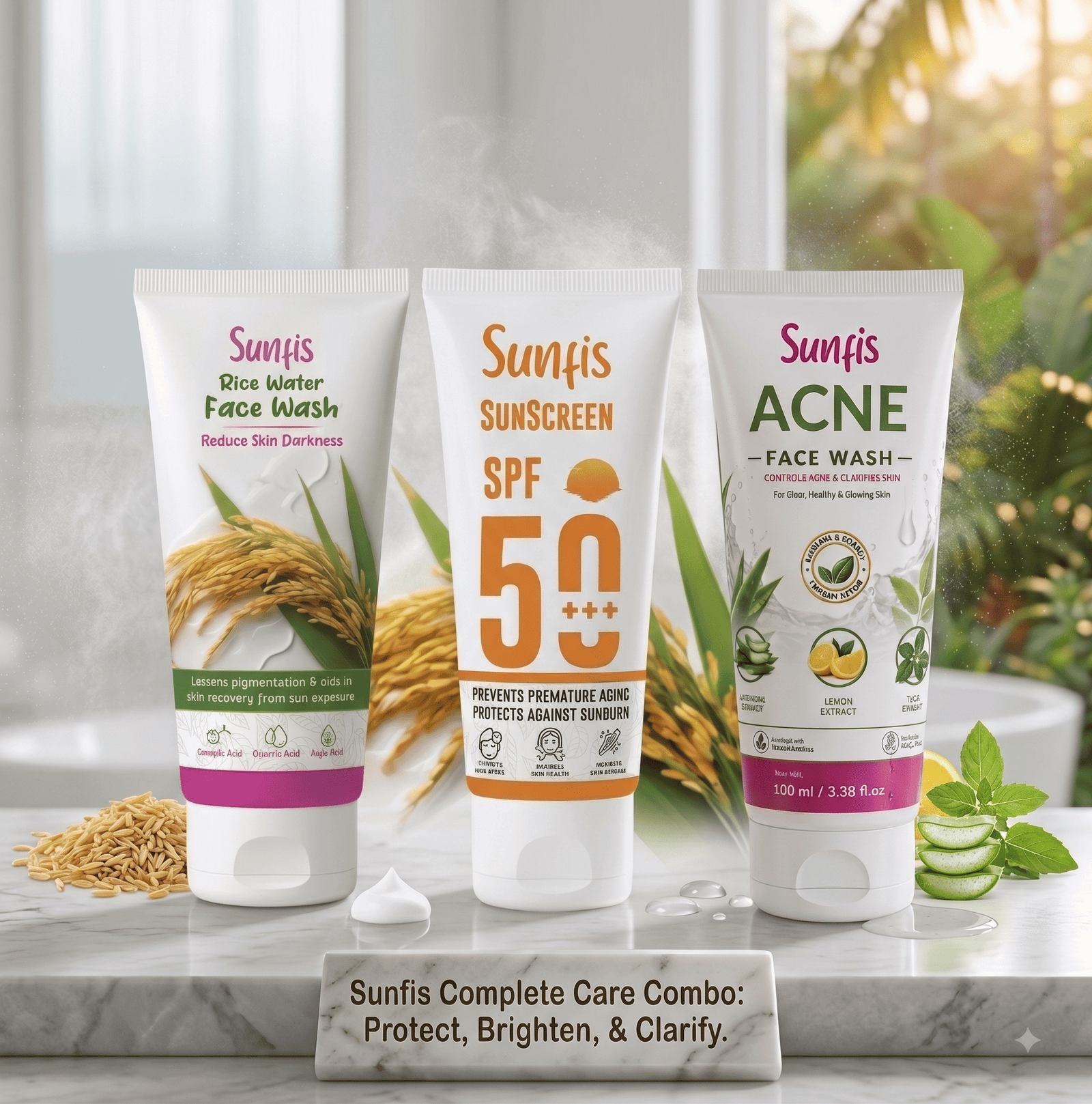 SUNFIS Rice Water Face Wash & SPF50++++ SunScreen Cream & Acne Harbal Facewash Combo